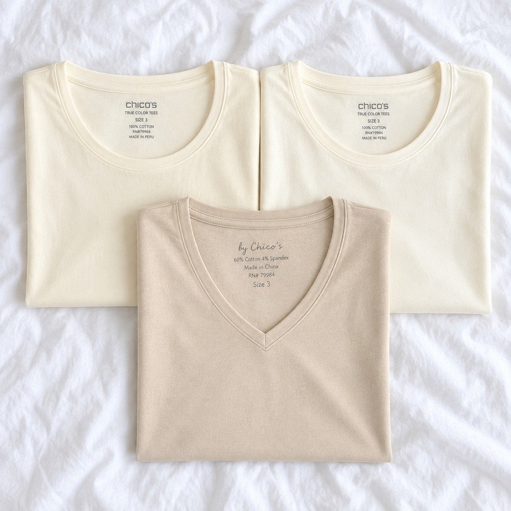 Chicos Set of 3 Cream Pima Cotton True Color T-Shirts SZ 3 XL V-Neck Scoop NWOT